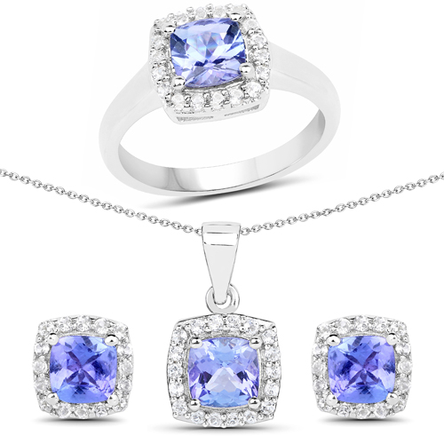 Tanzanite-4.02 Carat Genuine Tanzanite and White Topaz .925 Sterling Silver 3 Piece Jewelry Set (Ring, Earrings, and Pendant w/ Chain)