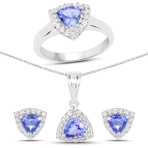 3.35 Carat Genuine Tanzanite and White Topaz .925 Sterling Silver 3 Piece Jewelry Set (Ring, Earrings, and Pendant w/ Chain)