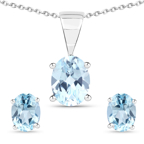 Jewelry Sets-4.80 Carat Genuine Blue Topaz .925 Sterling Silver Jewelry Set (Earrings, and Pendant w/ Chain)