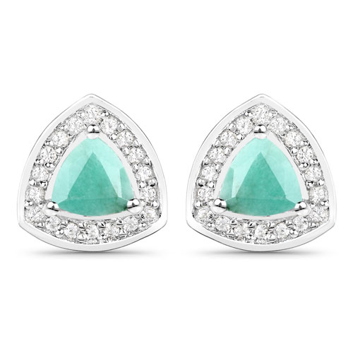 Emerald-0.90 Carat Genuine Emerald and White Topaz .925 Sterling Silver Earrings