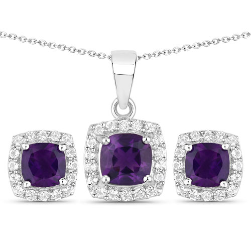 Amethyst-2.60 Carat Genuine Amethyst and White Topaz .925 Sterling Silver Jewelry Set