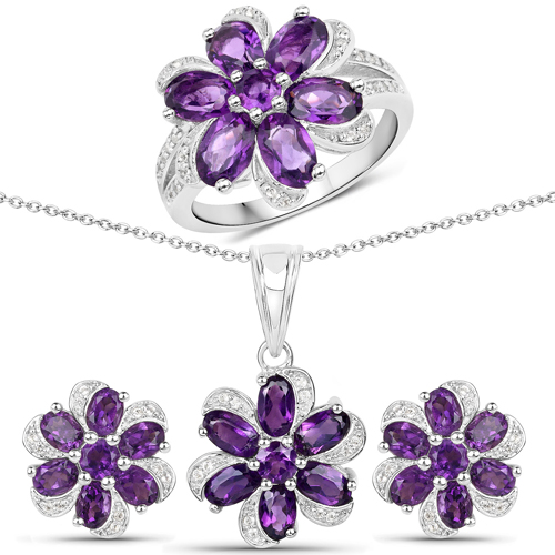 Amethyst-7.76 Carat Genuine Amethyst and White Topaz .925 Sterling Silver 3 Piece Jewelry Set (Ring, Earrings, and Pendant w/ Chain)