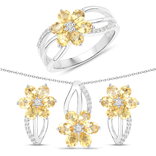 4.09 Carat Genuine Citrine and White Topaz .925 Sterling Silver 3 Piece Jewelry Set (Ring, Earrings, and Pendant w/ Chain)