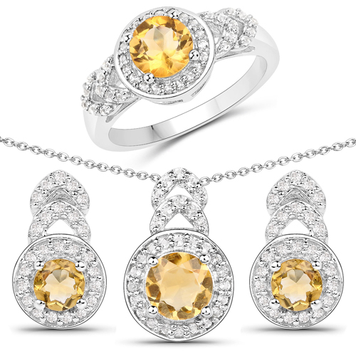 2.60 Carat Genuine Citrine and White Topaz .925 Sterling Silver 3 Piece Jewelry Set (Ring, Earrings, and Pendant w/ Chain)
