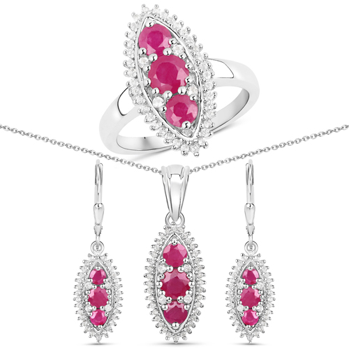 Ruby-4.32 Carat Genuine Ruby and White Topaz .925 Sterling Silver 3 Piece Jewelry Set (Ring, Earrings, and Pendant w/ Chain)