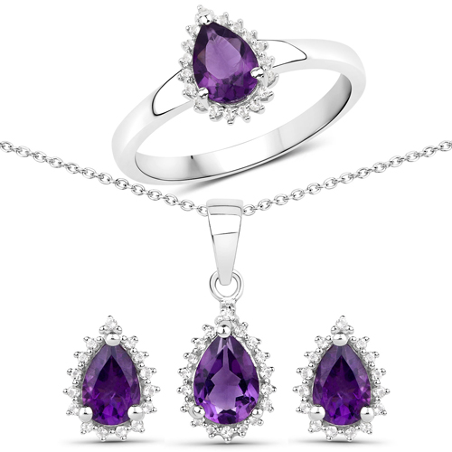 Amethyst-2.36 Carat Genuine Amethyst and White Topaz .925 Sterling Silver 3 Piece Jewelry Set (Ring, Earrings, and Pendant w/ Chain)