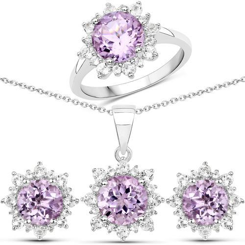 Jewelry Sets-9.28 Carat Genuine Pink Amethyst and White Topaz .925 Sterling Silver 3 Piece Jewelry Set (Ring, Earrings, and Pendant w/ Chain)