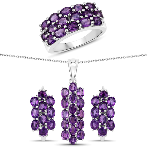 Amethyst-8.32 Carat Genuine Amethyst .925 Sterling Silver 3 Piece Jewelry Set (Ring, Earrings, and Pendant w/ Chain)
