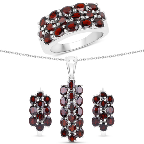10.40 Carat Genuine Garnet .925 Sterling Silver 3 Piece Jewelry Set (Ring, Earrings, and Pendant w/ Chain)