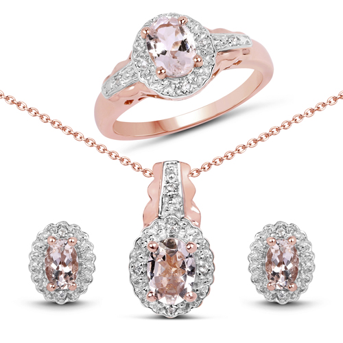 Jewelry Sets-2.28 Carat Genuine Morganite and White Topaz .925 Sterling Silver 3 Piece Jewelry Set (Ring, Earrings, and Pendant w/ Chain)