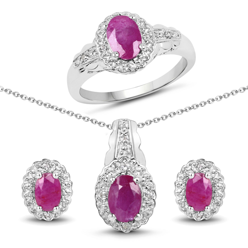 Ruby-2.82 Carat Genuine Ruby and White Topaz .925 Sterling Silver 3 Piece Jewelry Set (Ring, Earrings, and Pendant w/ Chain)
