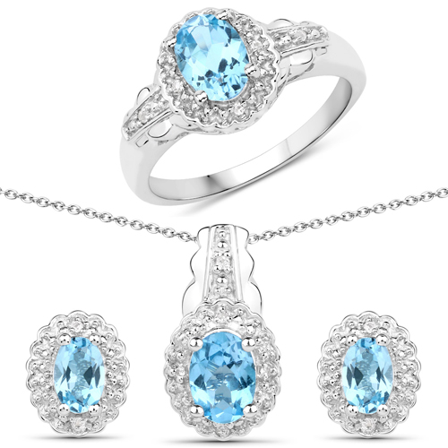 Jewelry Sets-3.00 Carat Genuine Swiss Blue Topaz and White Topaz .925 Sterling Silver 3 Piece Jewelry Set (Ring, Earrings, and Pendant w/ Chain)
