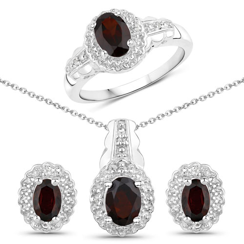 Garnet-2.80 Carat Genuine Garnet and White Topaz .925 Sterling Silver Jewelry Set (Ring, Earrings, and Pendant w/ Chain)