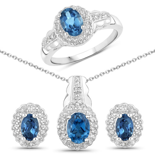 Jewelry Sets-2.96 Carat Genuine London Blue Topaz and White Topaz .925 Sterling Silver Jewelry Set (Ring, Earrings, and Pendant w/ Chain)