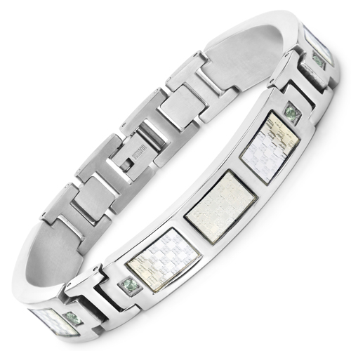 Bracelets-Mens Titanium Bracelet, Titanium Mens Bracelet with Silver Plated Steel Inlay, 0.48ctw. Natural Green Sapphire Rounds