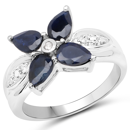 1.82 Carat Genuine Black Sapphire and White Topaz .925 Sterling Silver Ring