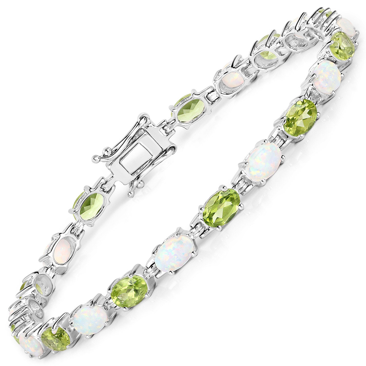 8.14 Carat Genuine Peridot and Opal .925 Sterling Silver Bracelet