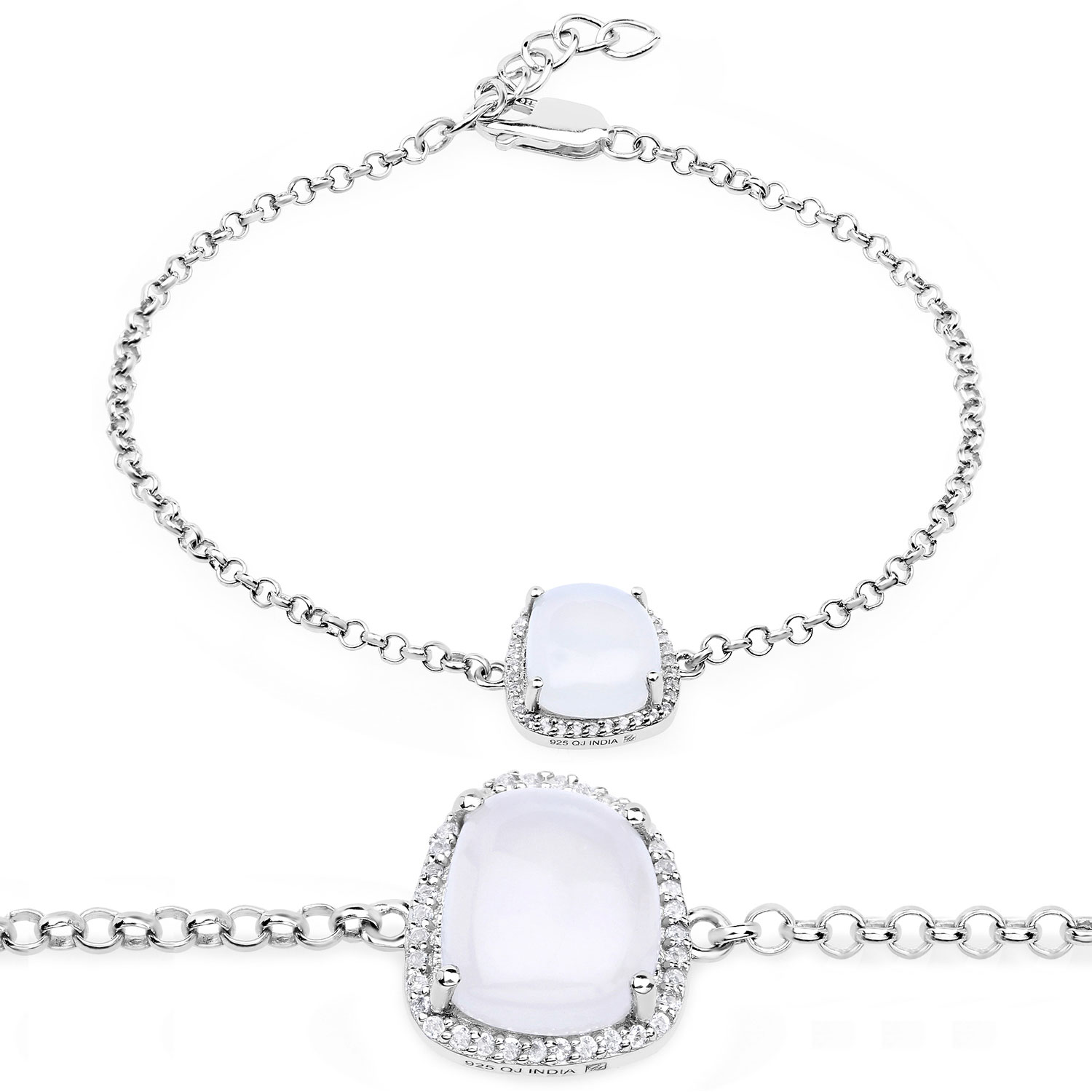 4.57 Carat Genuine White Agate and White Topaz .925 Sterling Silver Bracelet