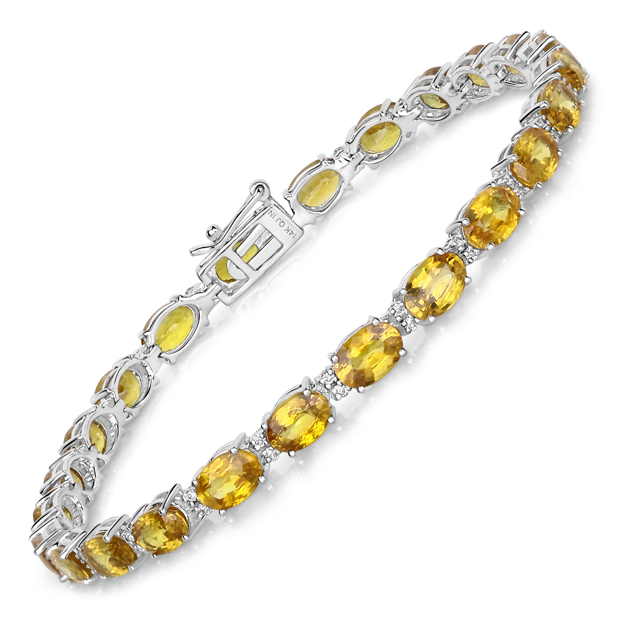 14.71 Carat Genuine Yellow Sapphire and White Diamond 14K White Gold Bracelet