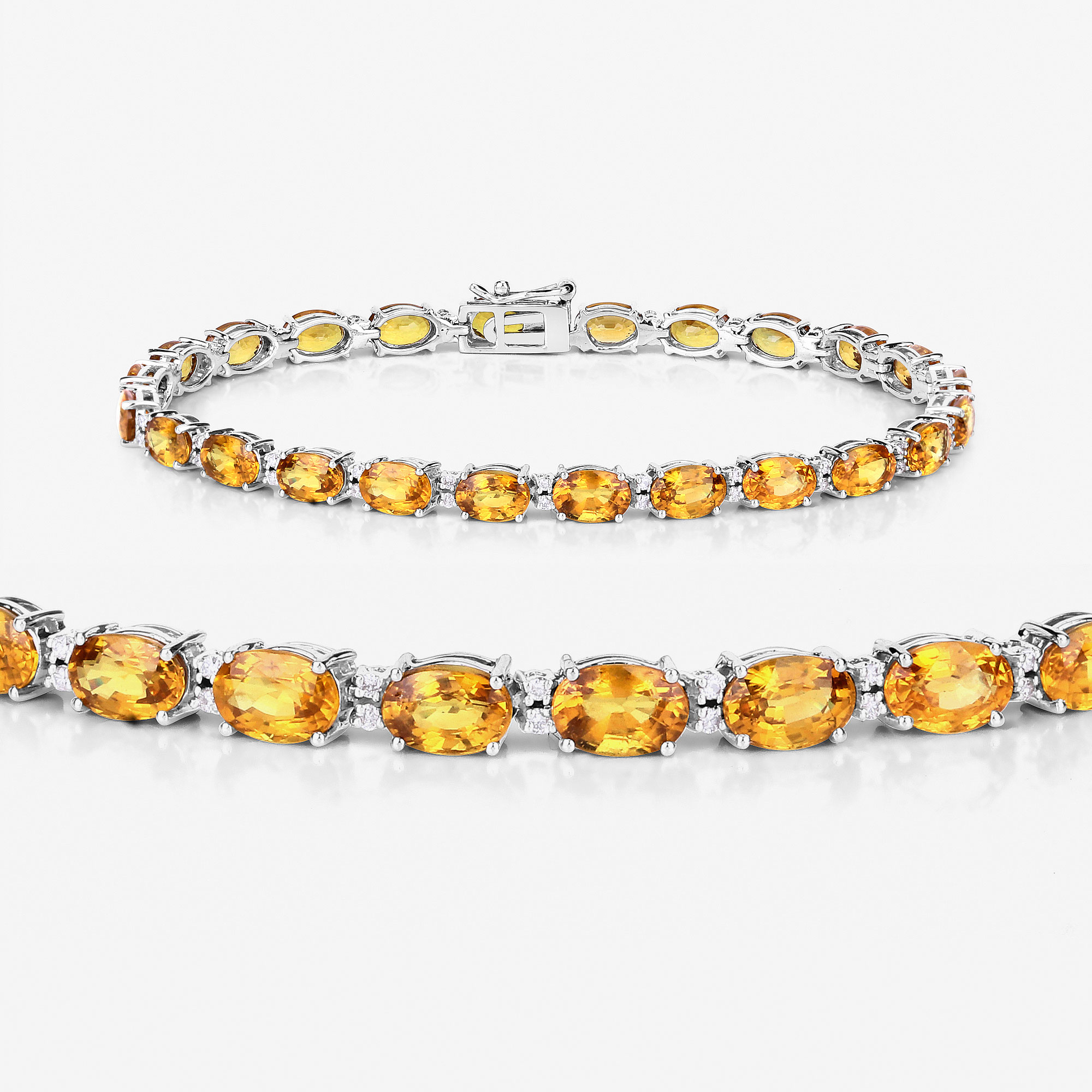 14.71 Carat Genuine Yellow Sapphire and White Diamond 14K White Gold Bracelet