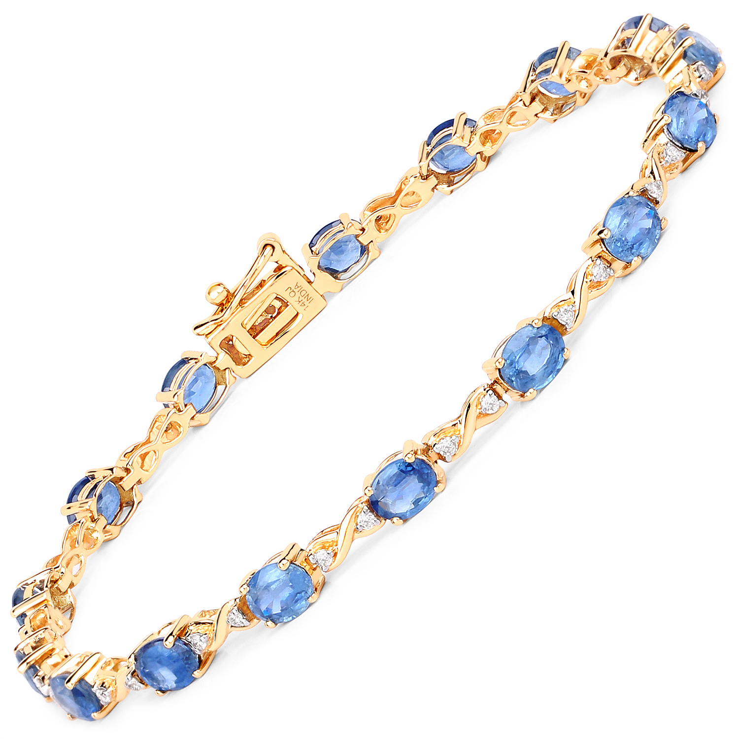 7.81 Carat Genuine Blue Sapphire and White Diamond 14K Yellow Gold Bracelet