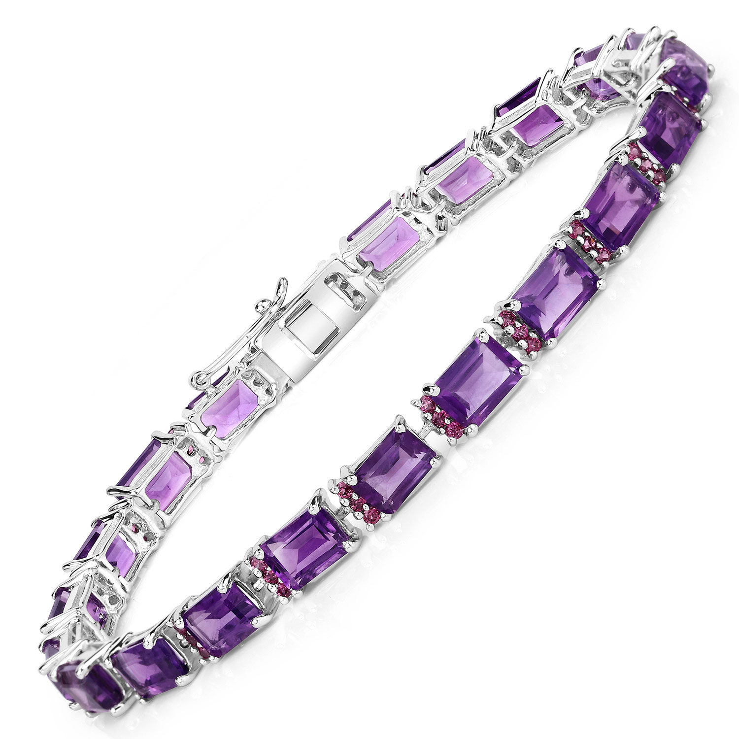 21.84 Carat Genuine Amethyst and Rhodolite Granet .925 Sterling Silver Bracelet