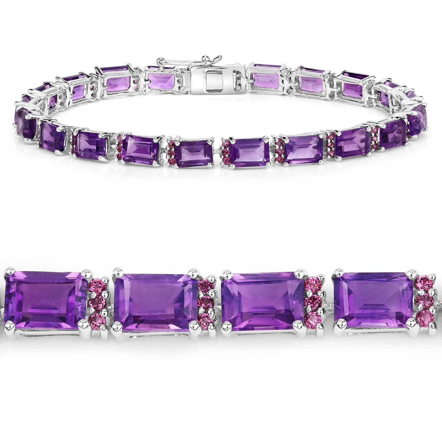 21.84 Carat Genuine Amethyst and Rhodolite Granet .925 Sterling Silver Bracelet