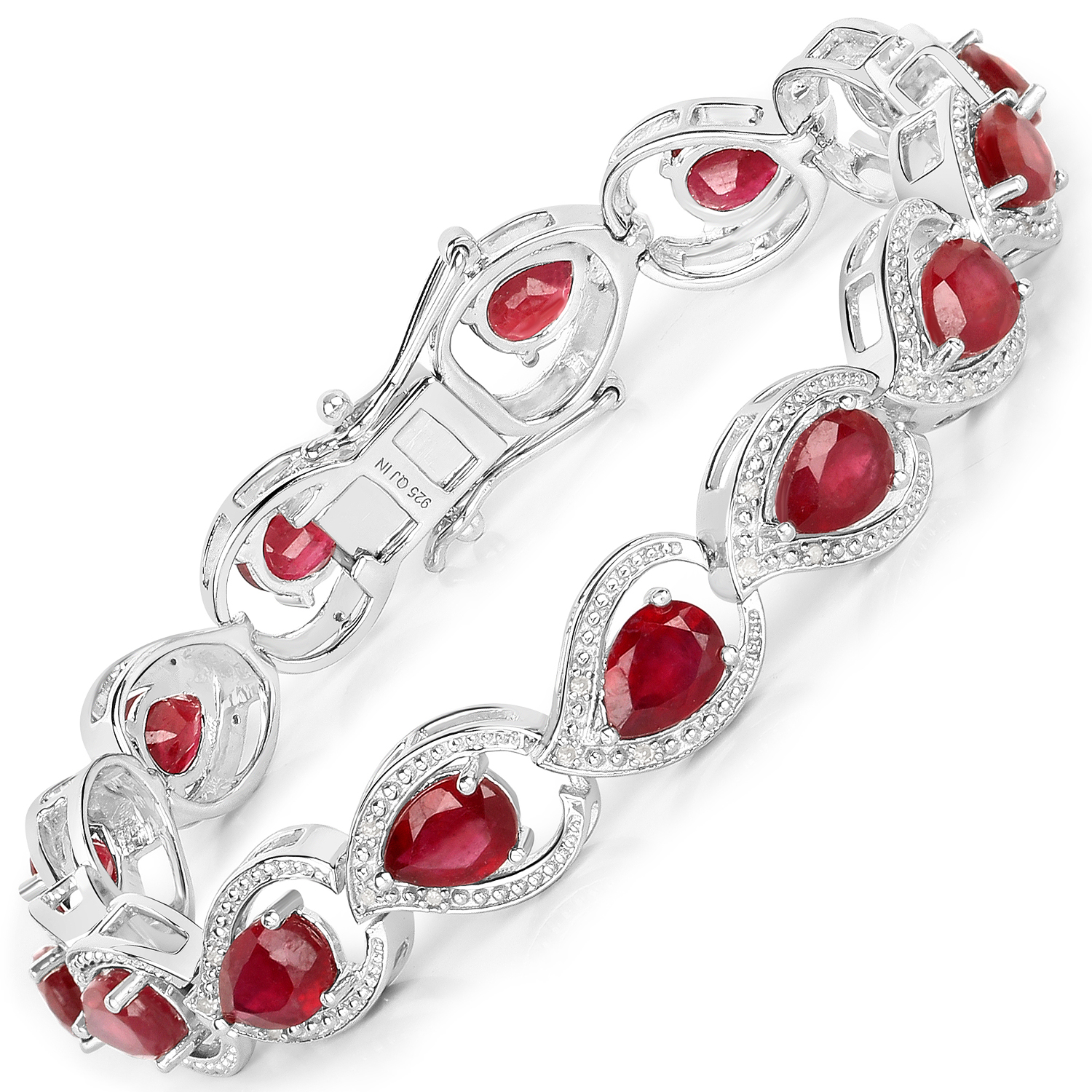 12.95 Carat Glass Filled Ruby and White Diamond .925 Sterling Silver Bracelet