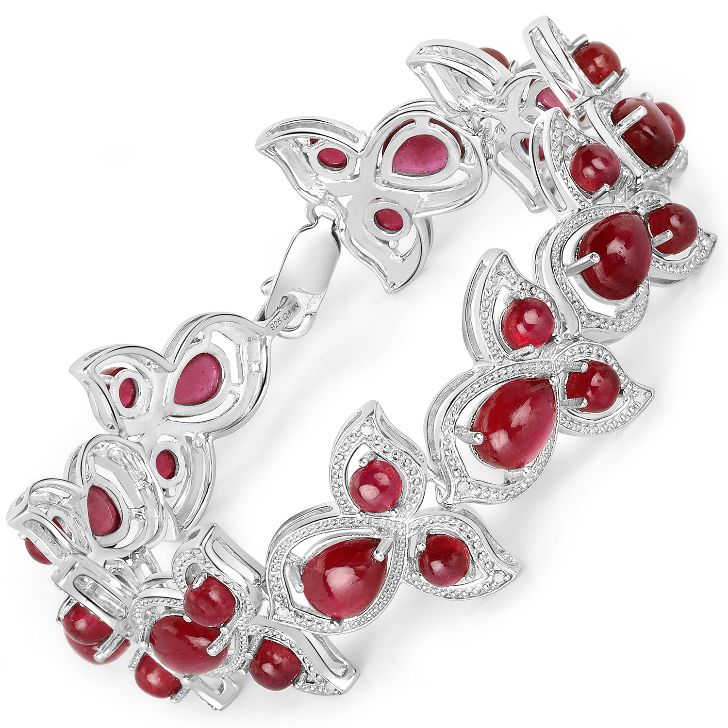 25.16 Carat Glass Filled Ruby and White Diamond .925 Sterling Silver Bracelet