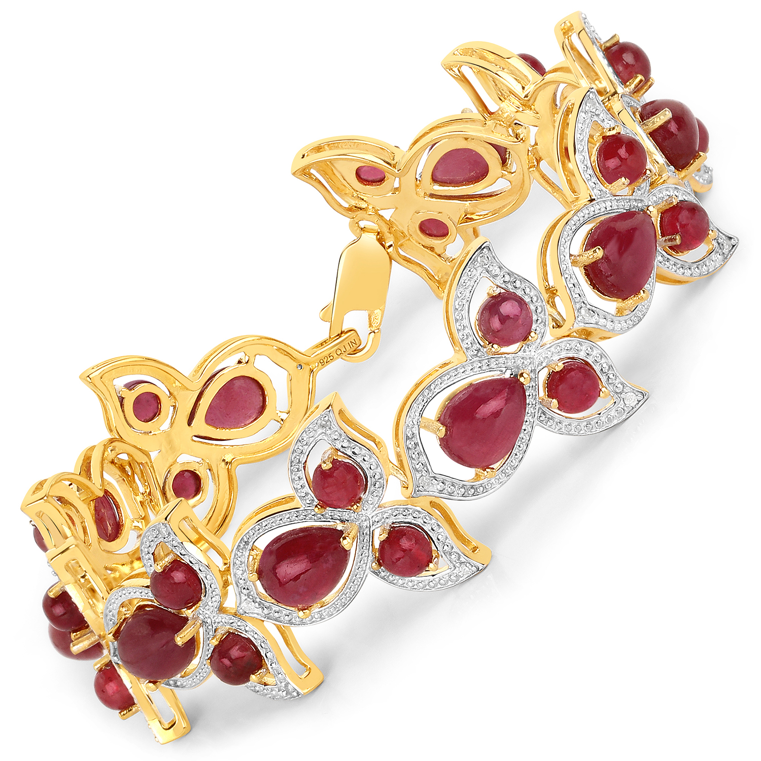 25.16 Carat Glass Filled Ruby and White Diamond .925 Sterling Silver Bracelet