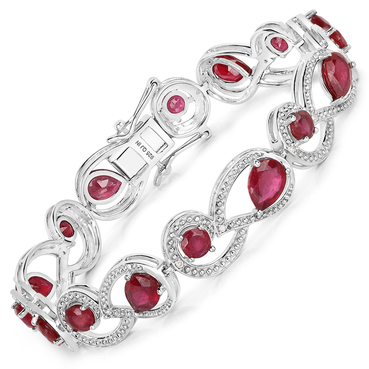 9.44 Carat Glass Filled Ruby and White Diamond .925 Sterling Silver Bracelet