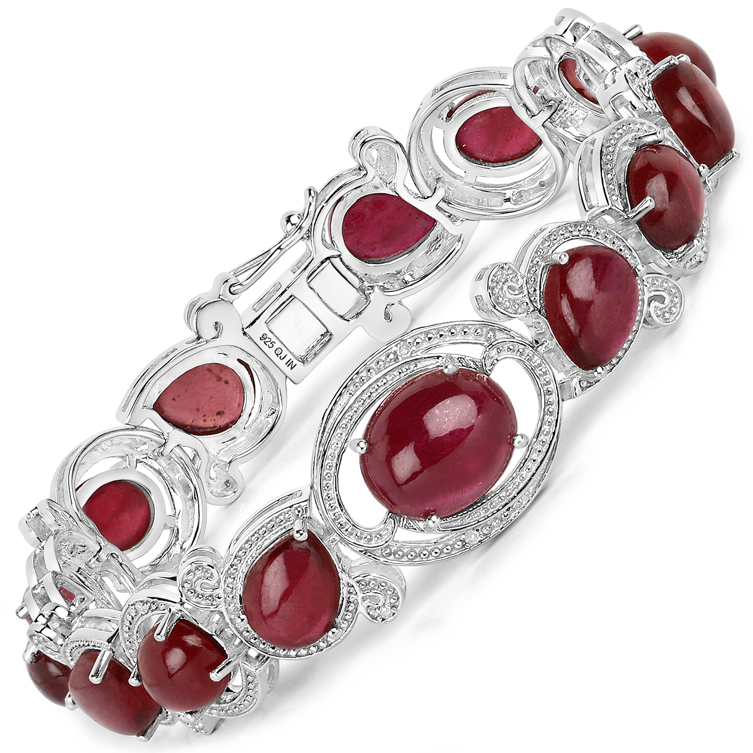 43.74 Carat Glass Filled Ruby and White Diamond .925 Sterling Silver Bracelet