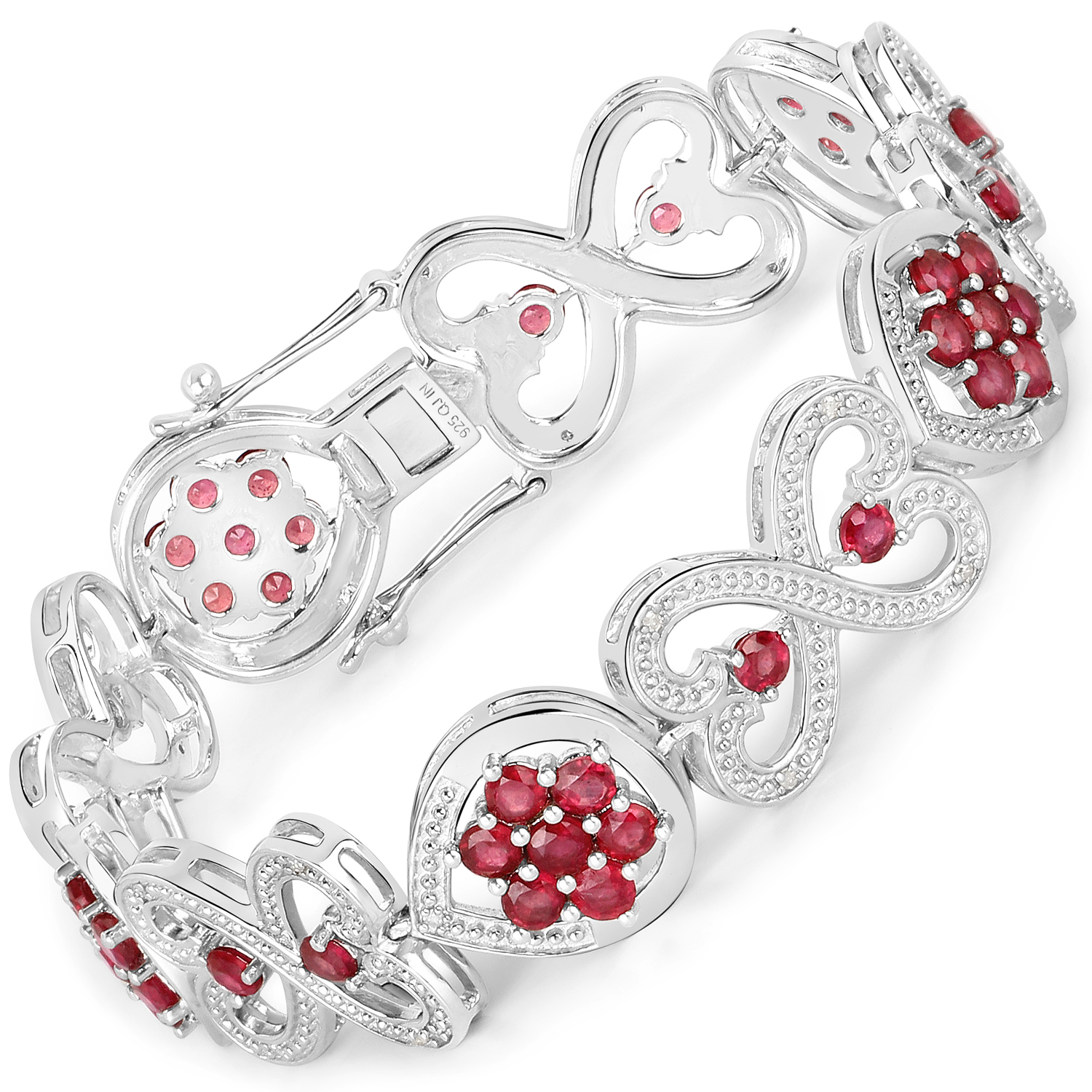 5.98 Carat Glass Filled Ruby and White Diamond .925 Sterling Silver Bracelet