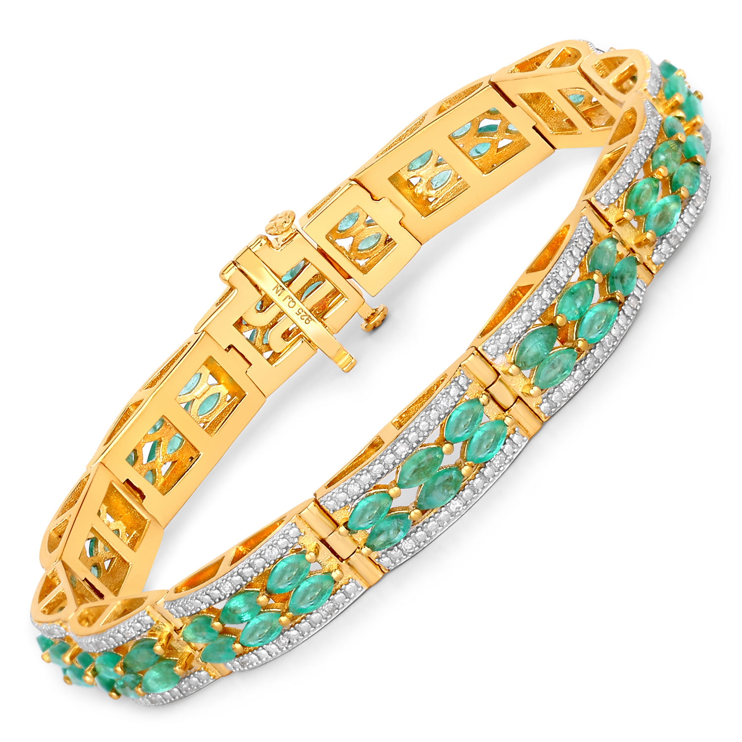 5.32 Carat Genuine Emerald and White Diamond .925 Sterling Silver Bracelet