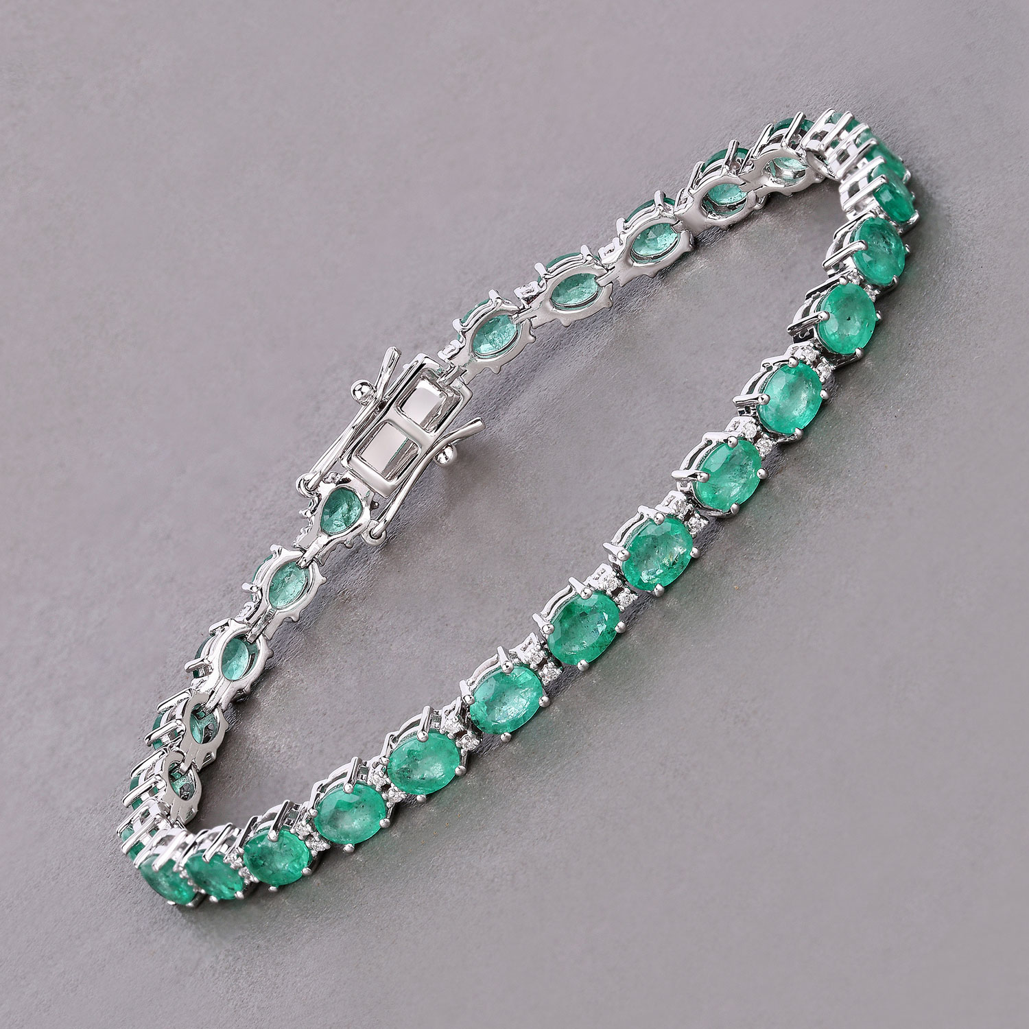 8.35 Carat Genuine Zambian Emerald and White Diamond 14K White Gold Bracelet