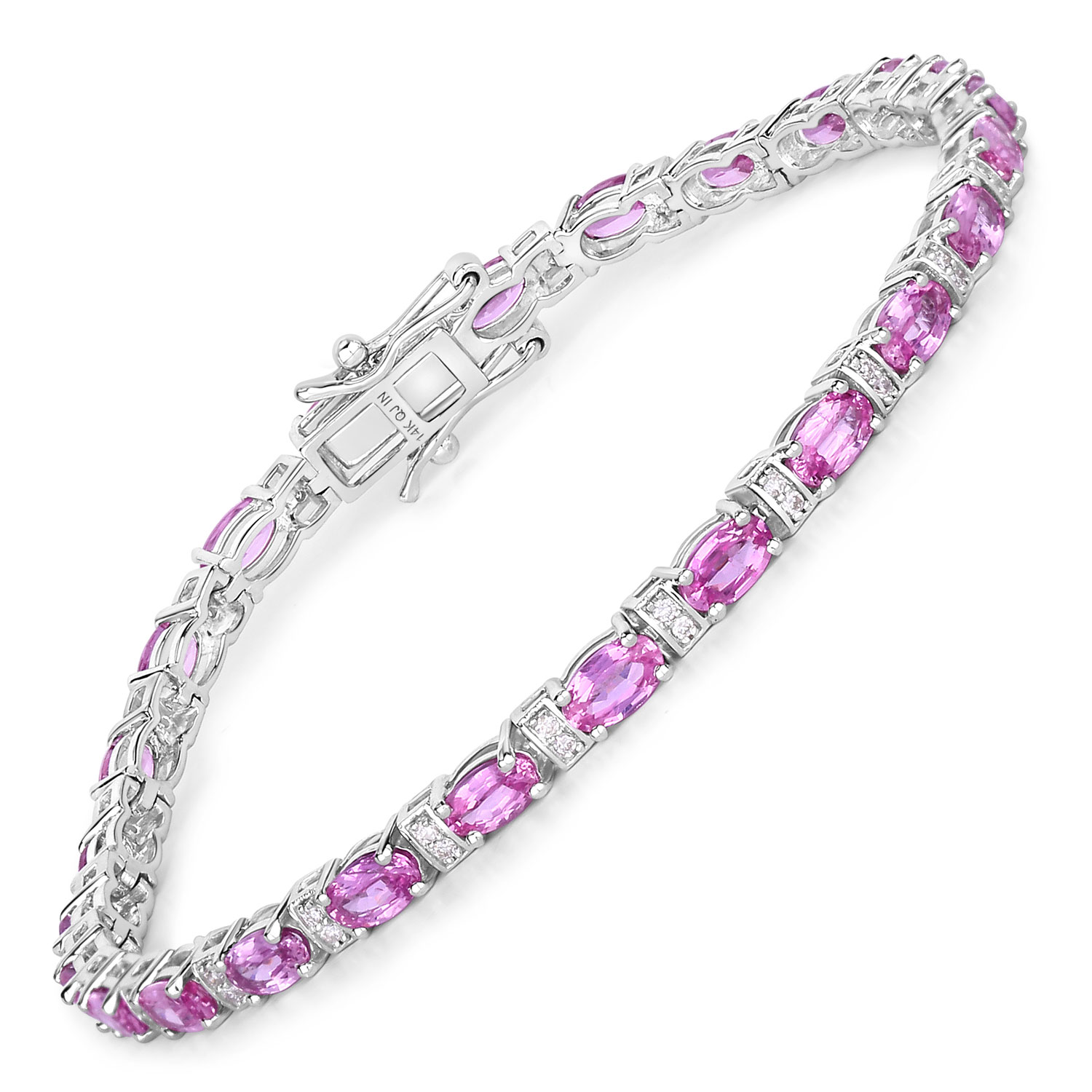 5.73 Carat Genuine Pink Sapphire and White Diamond 14K White Gold Bracelet