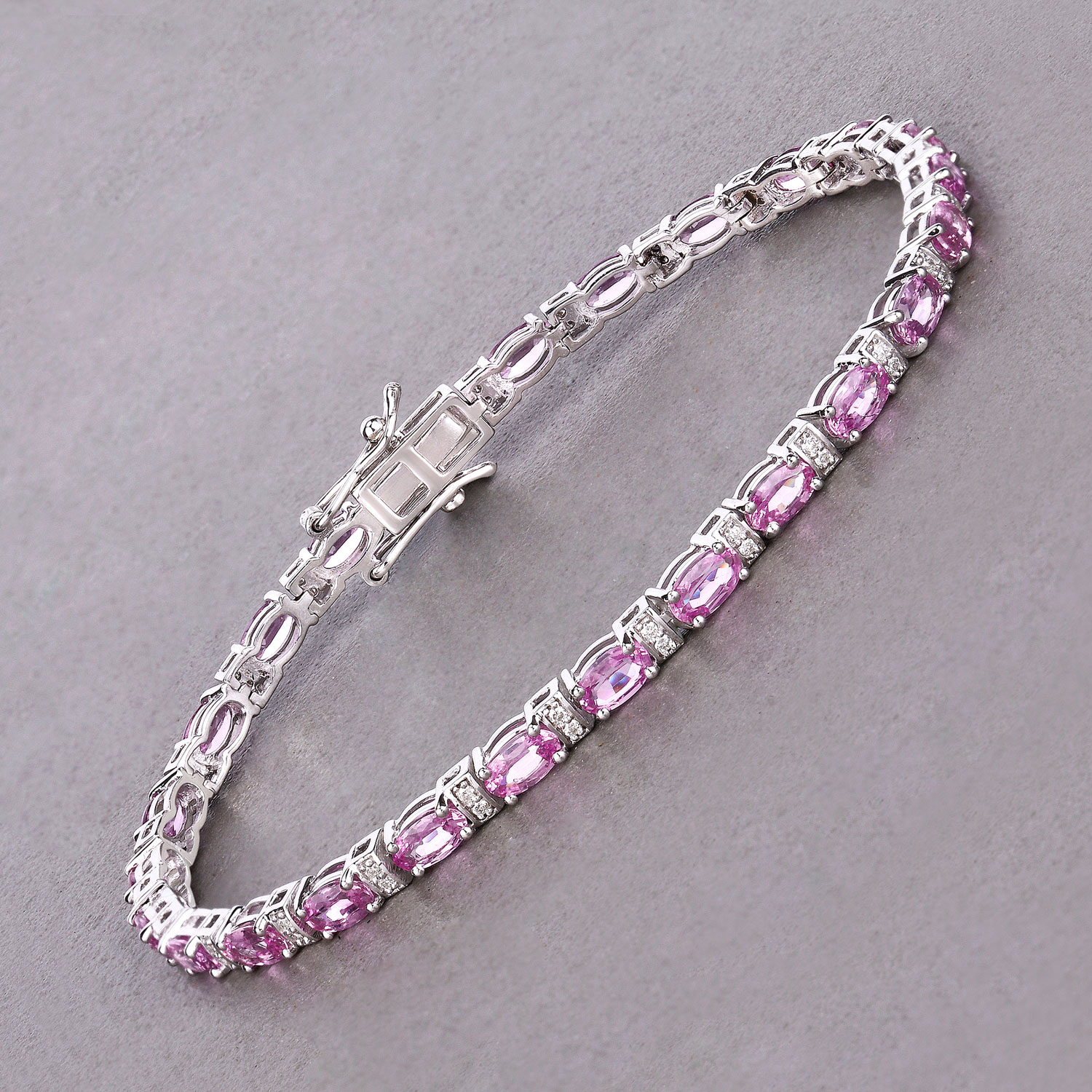 5.73 Carat Genuine Pink Sapphire and White Diamond 14K White Gold Bracelet