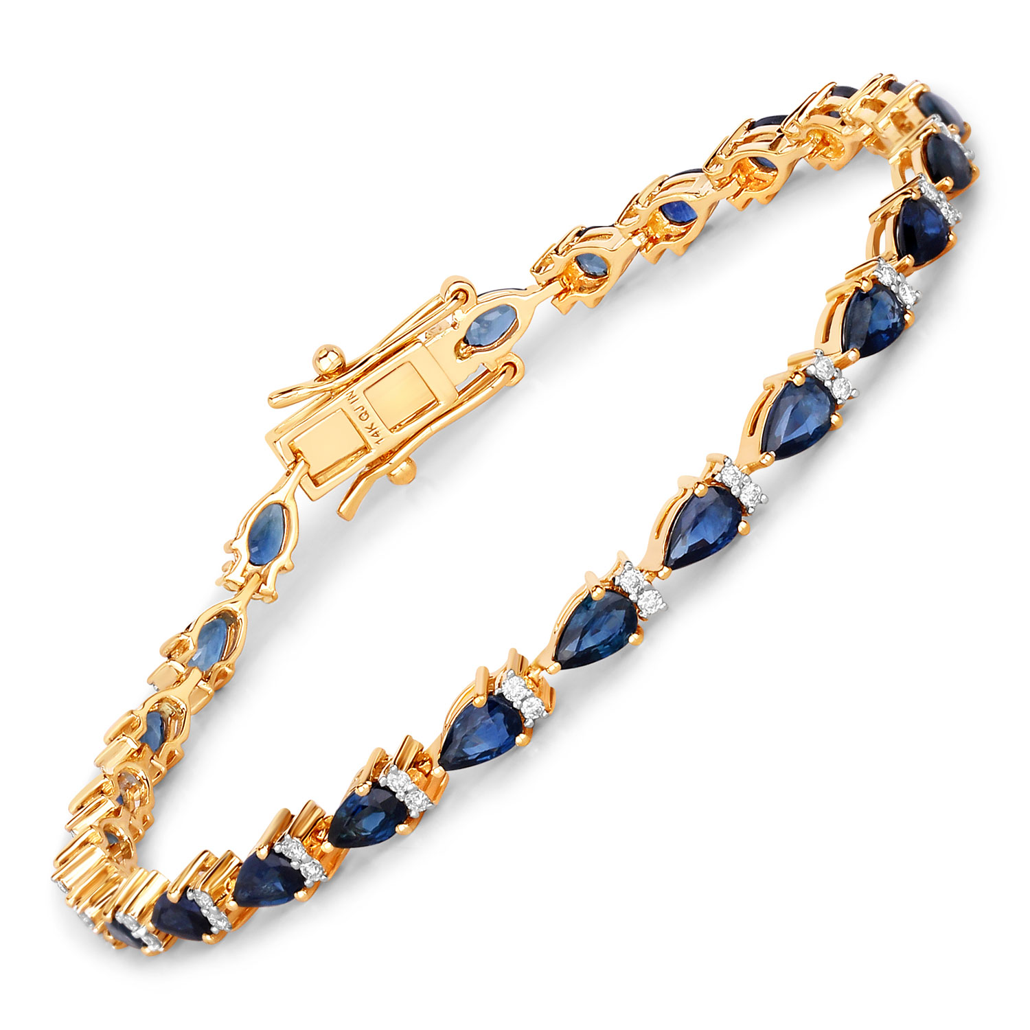 5.40 Carat Genuine Blue Sapphire and White Diamond 14K Yellow Gold Bracelet
