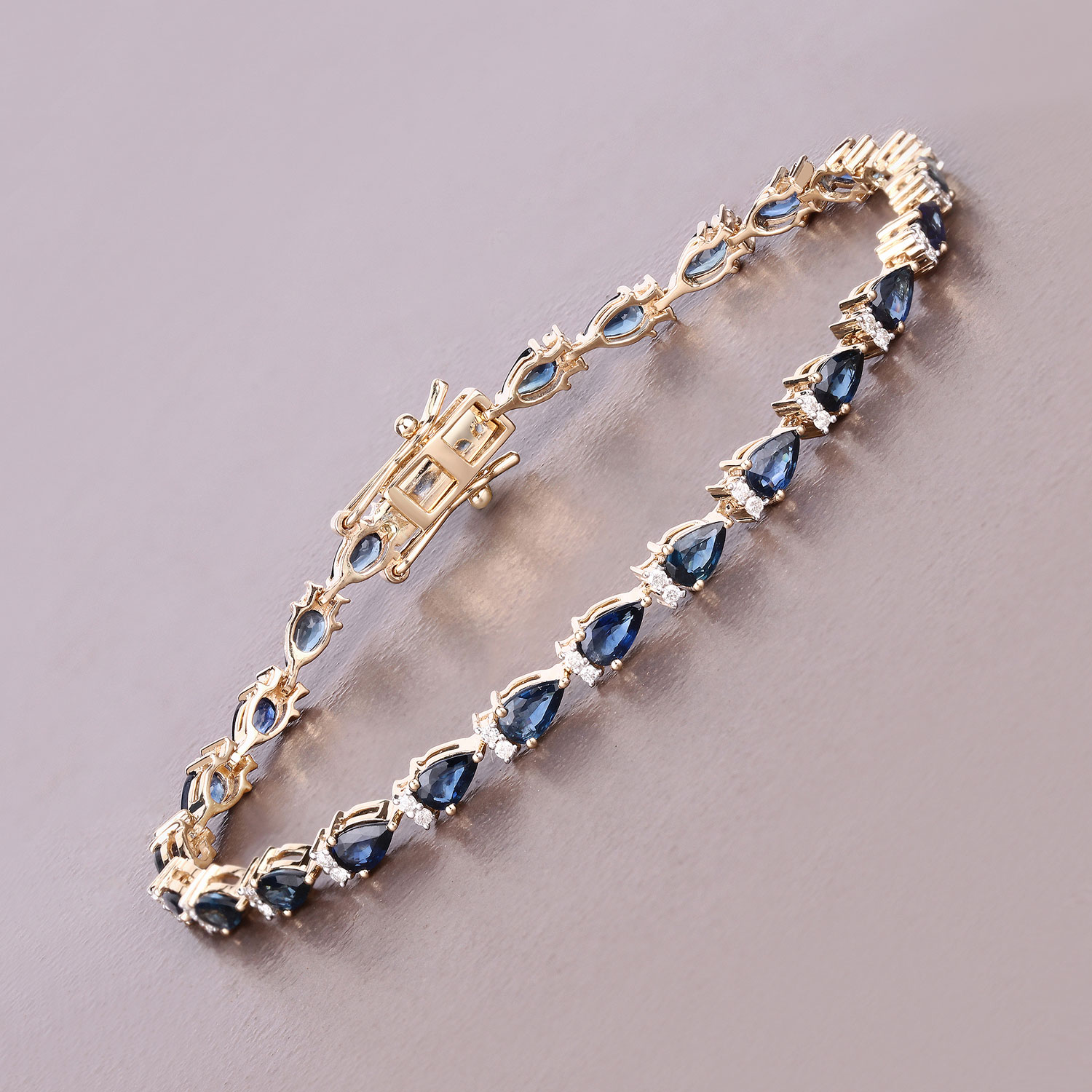 5.40 Carat Genuine Blue Sapphire and White Diamond 14K Yellow Gold Bracelet
