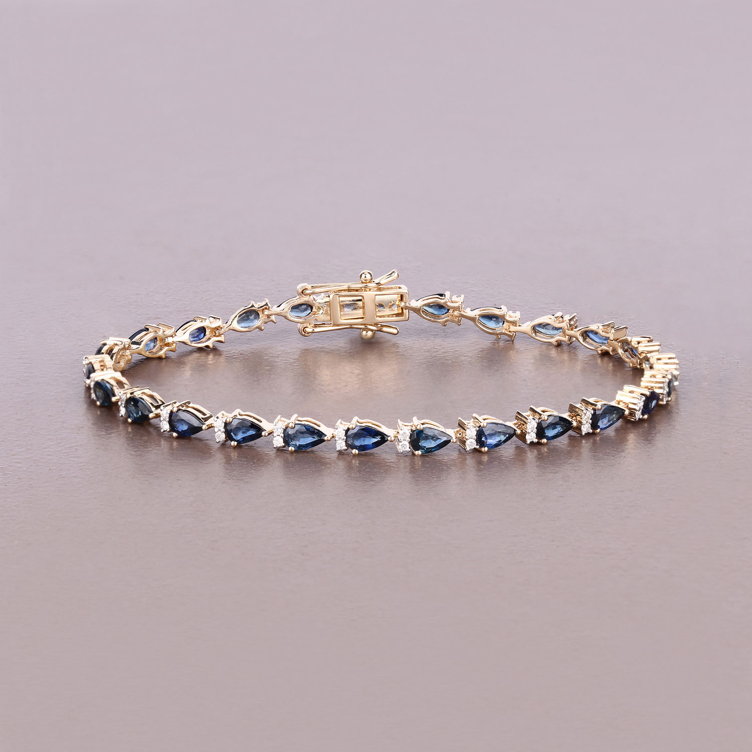 5.40 Carat Genuine Blue Sapphire and White Diamond 14K Yellow Gold Bracelet
