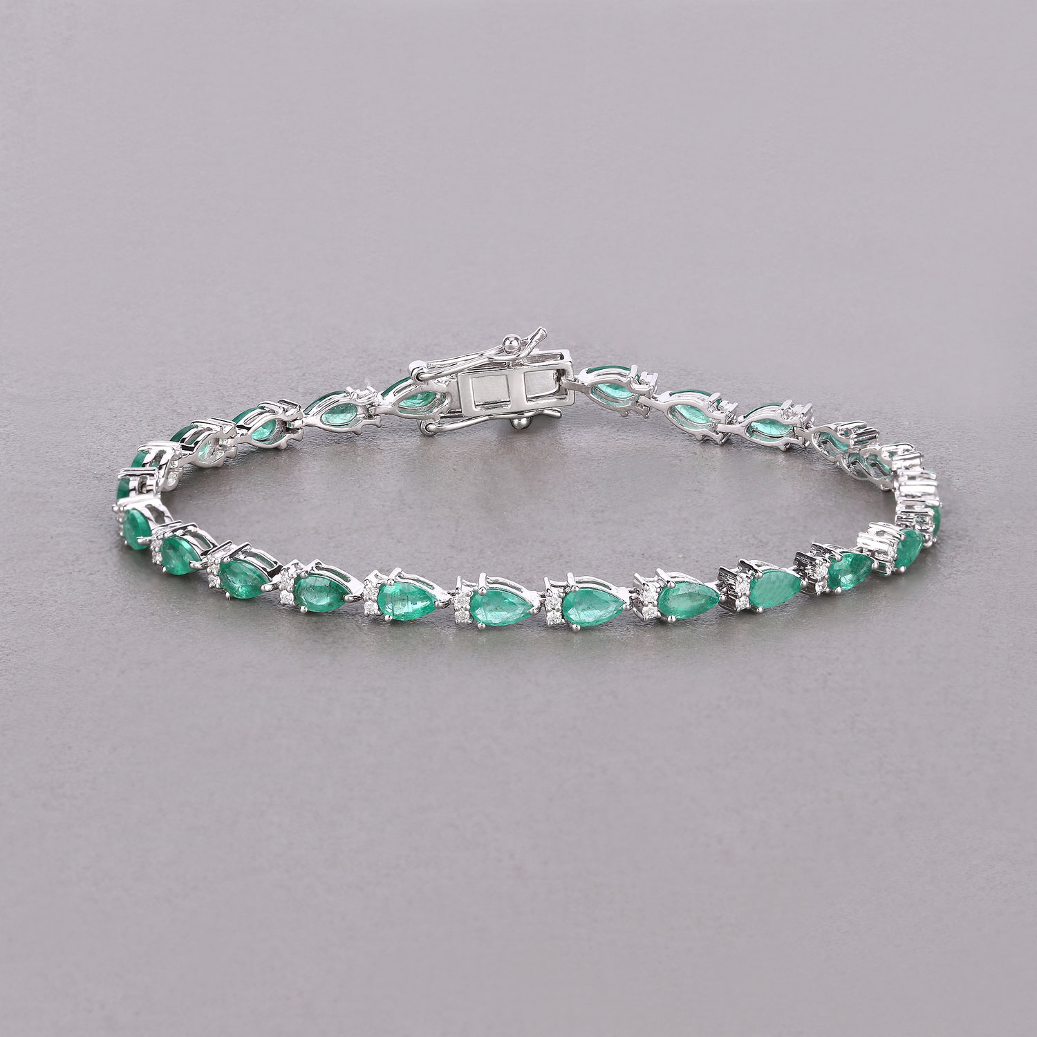 4.65 Carat Genuine Zambian Emerald and White Diamond 14K White Gold Bracelet