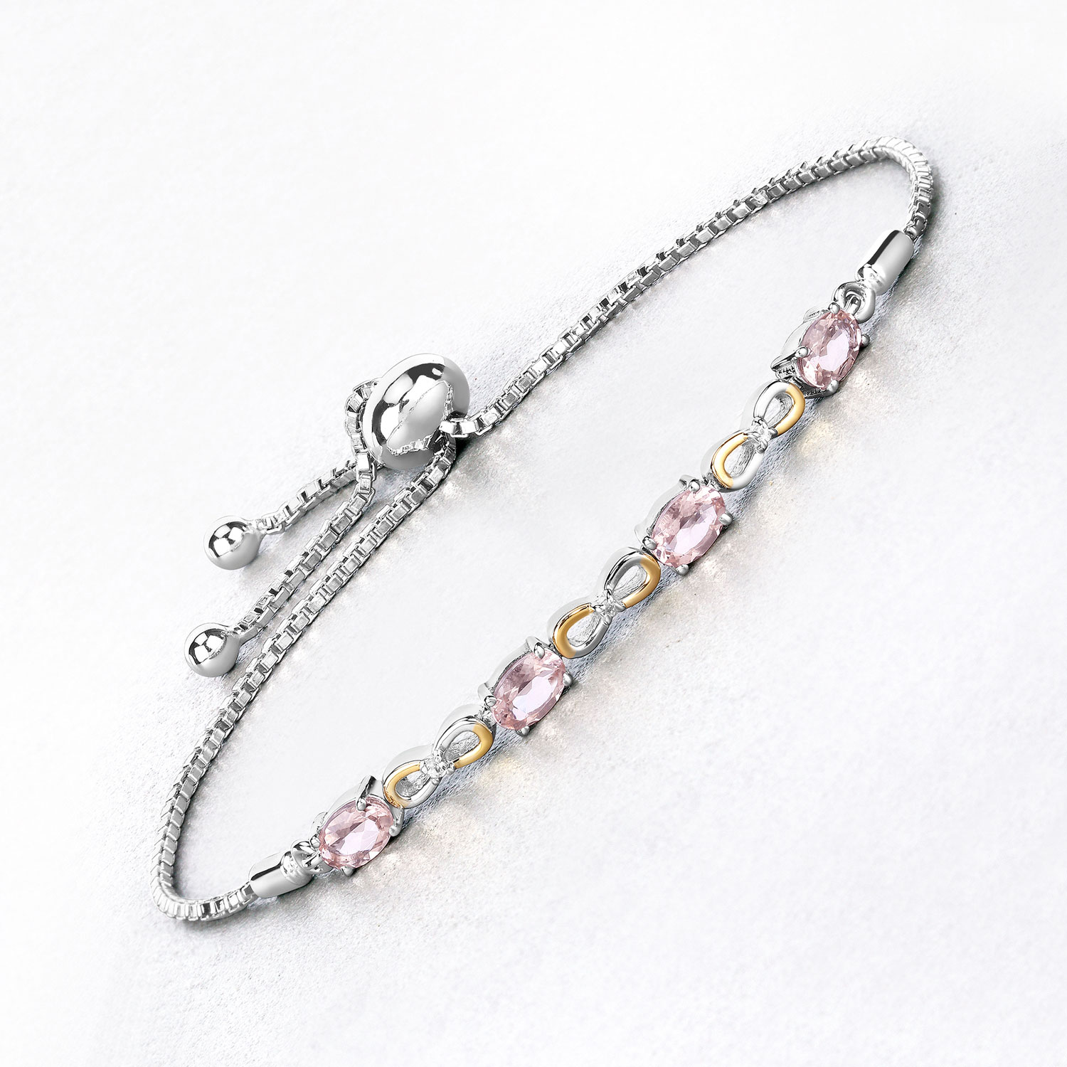 1.49 Carat Genuine Morganite and White Topaz .925 Sterling Silver Bracelet