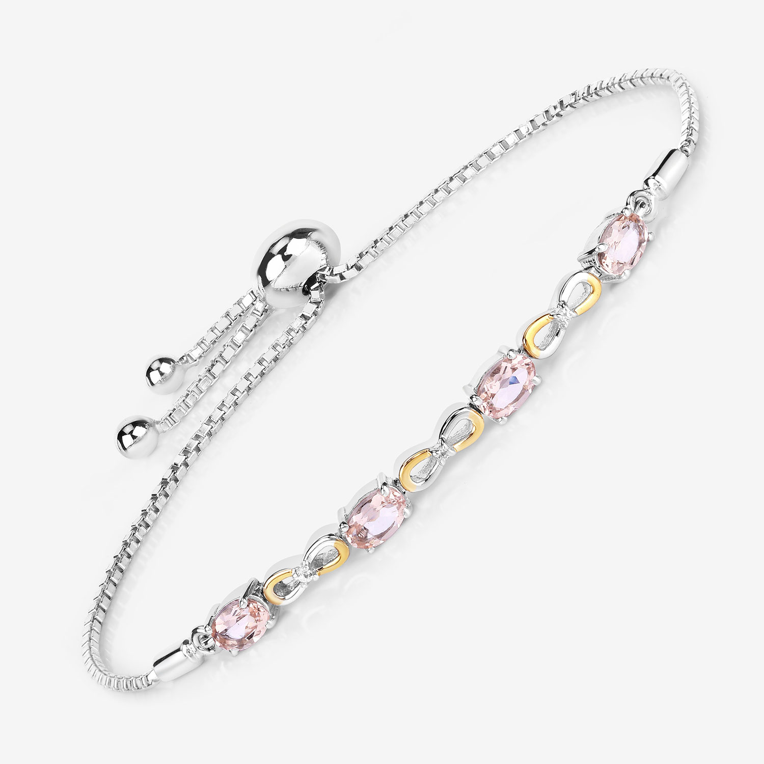 1.49 Carat Genuine Morganite and White Topaz .925 Sterling Silver Bracelet
