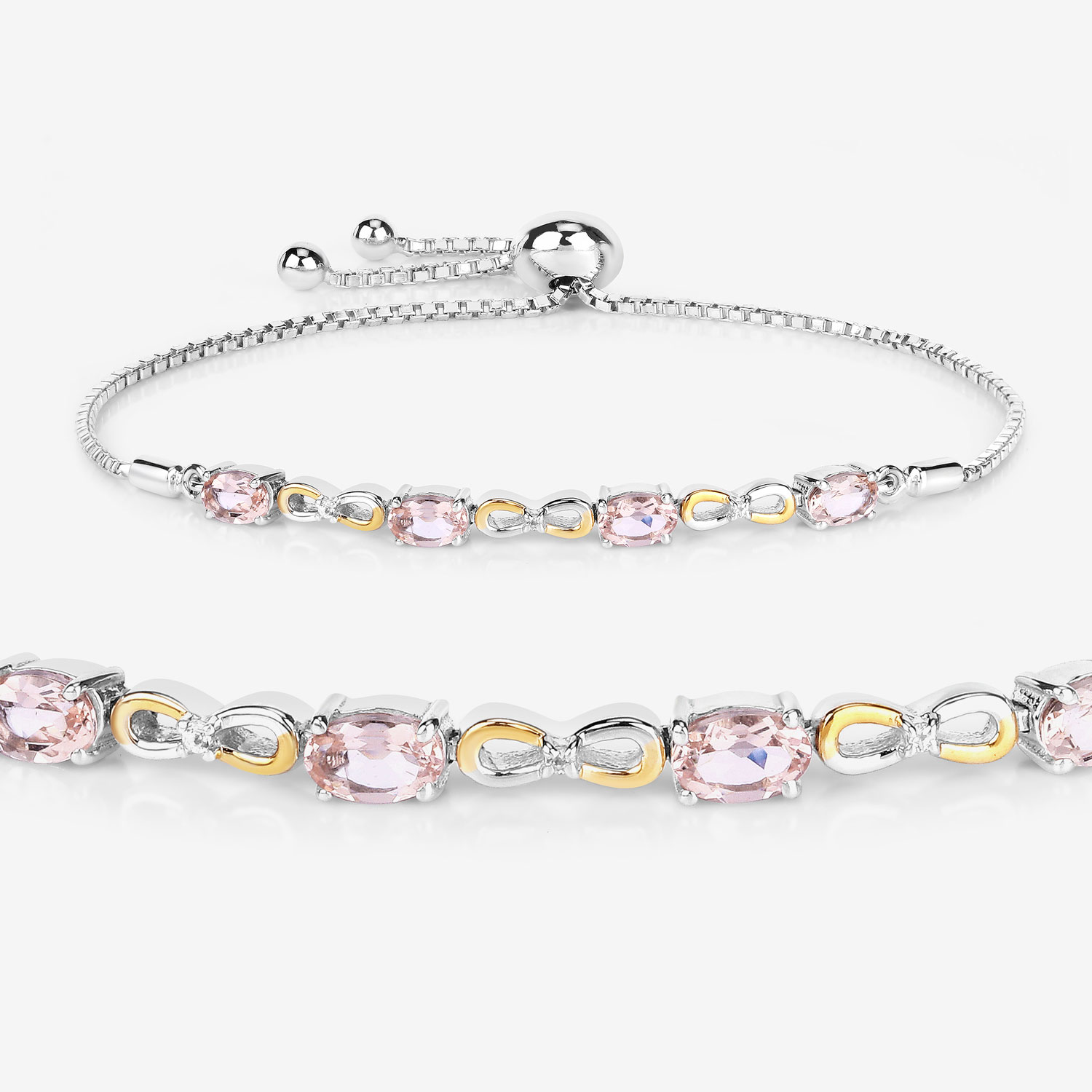 1.49 Carat Genuine Morganite and White Topaz .925 Sterling Silver Bracelet