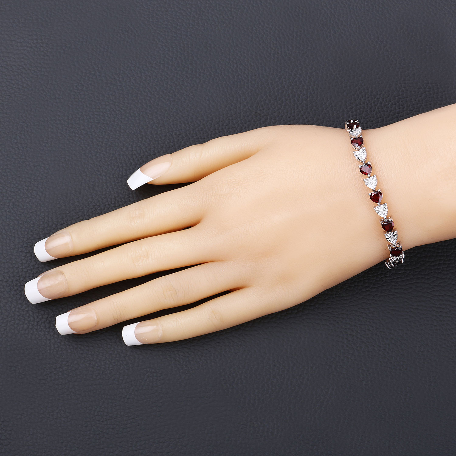 7.64 Carat Genuine Garnet and White Diamond .925 Sterling Silver Bracelet