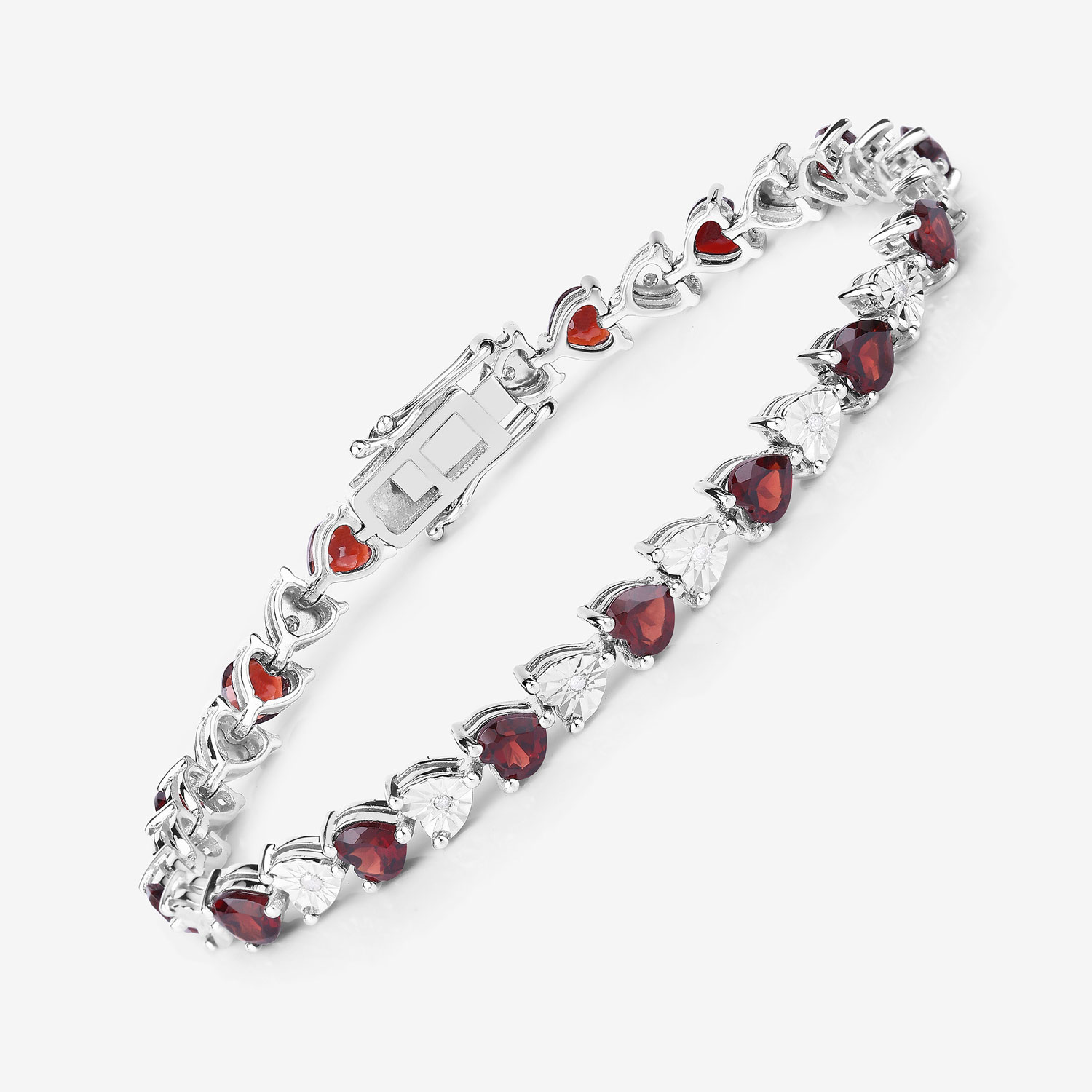 7.64 Carat Genuine Garnet and White Diamond .925 Sterling Silver Bracelet