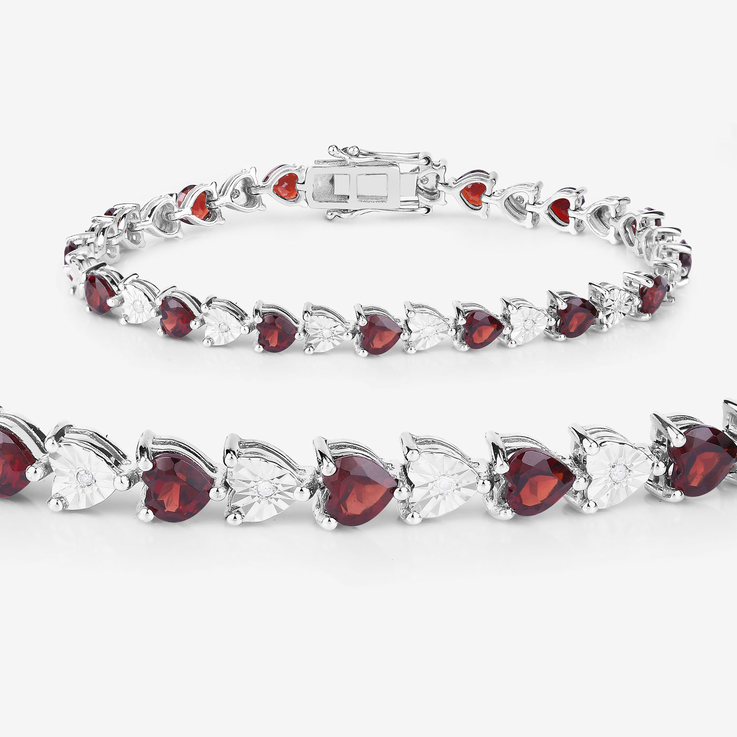 7.64 Carat Genuine Garnet and White Diamond .925 Sterling Silver Bracelet