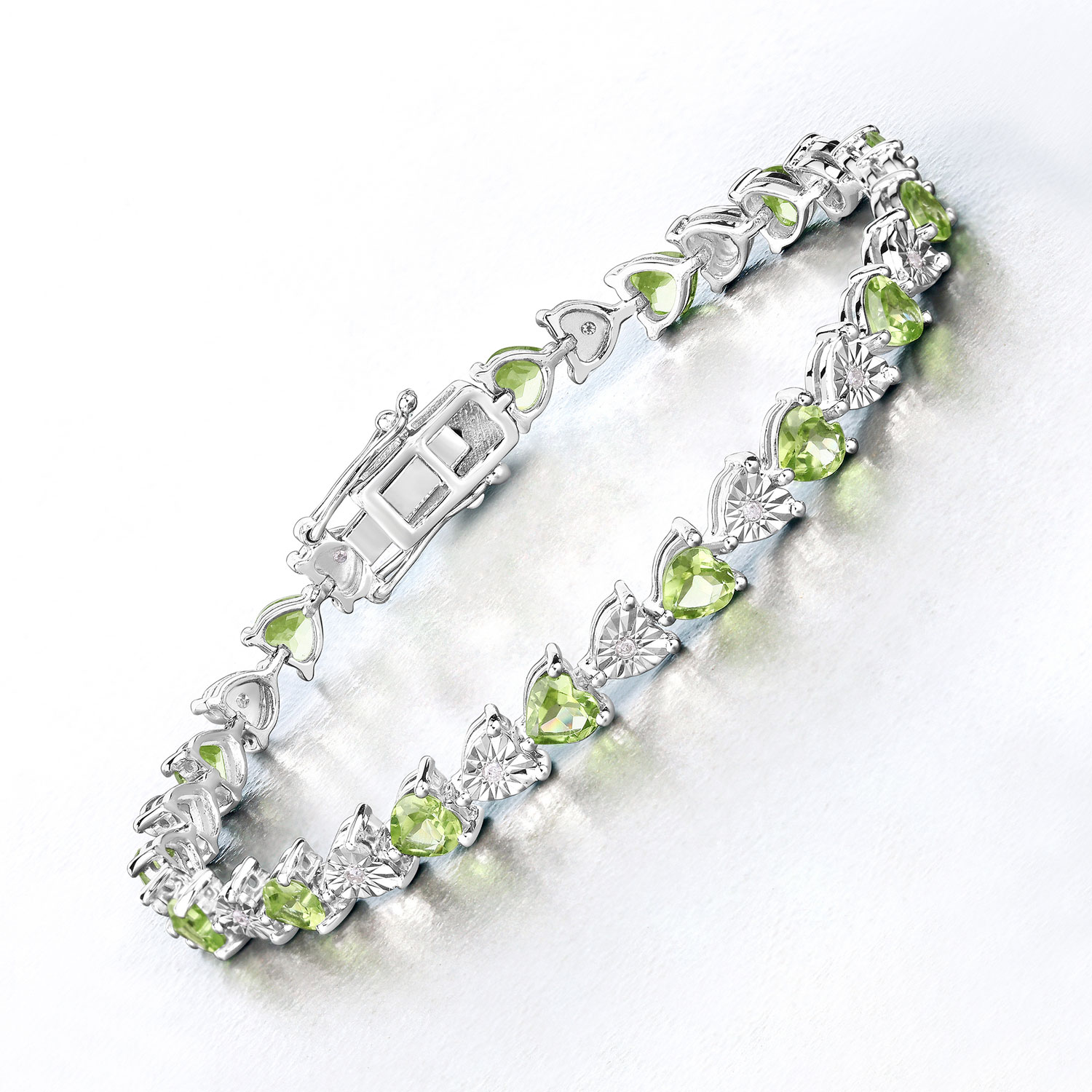 6.74 Carat Genuine Peridot and White Diamond .925 Sterling Silver Bracelet