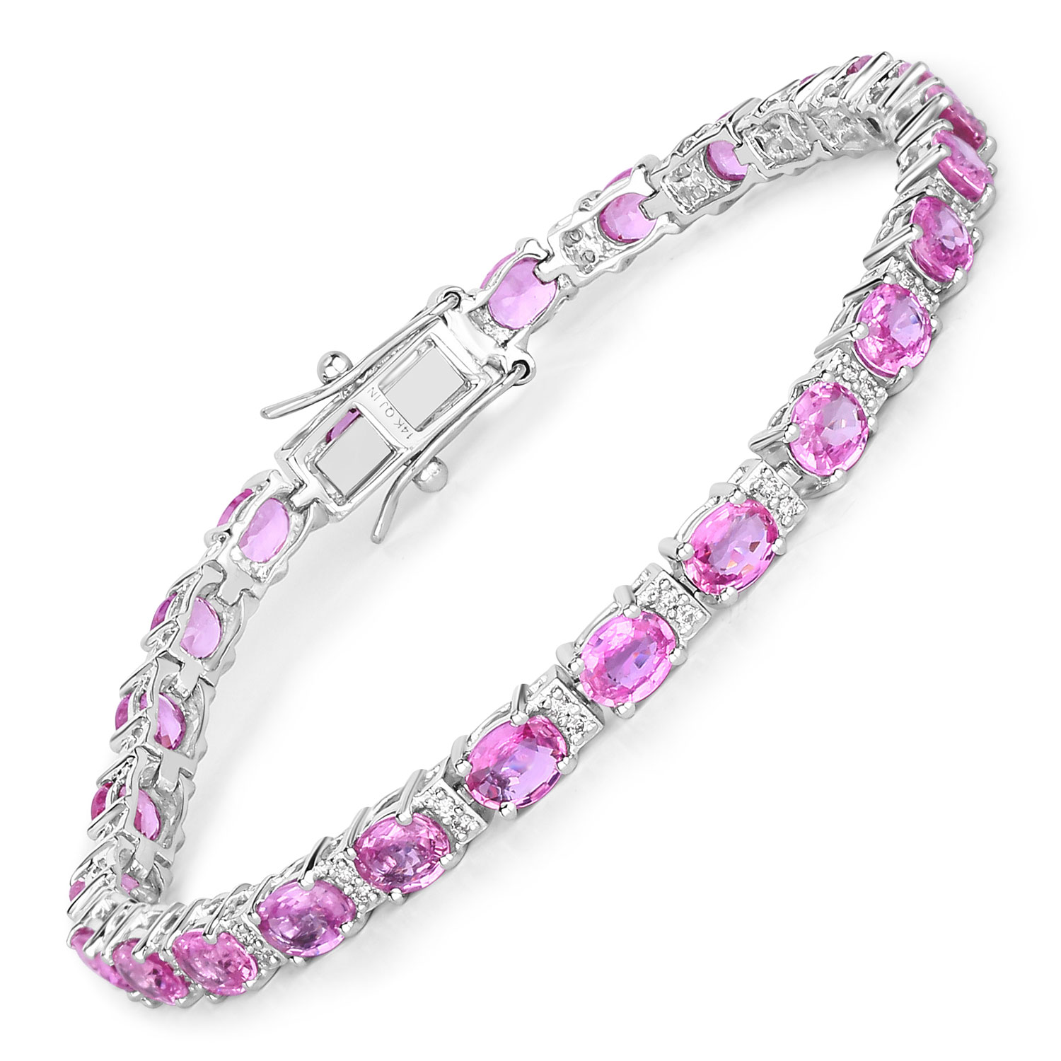 8.73 Carat Genuine Pink Sapphire and White Diamond 14K White Gold Bracelet