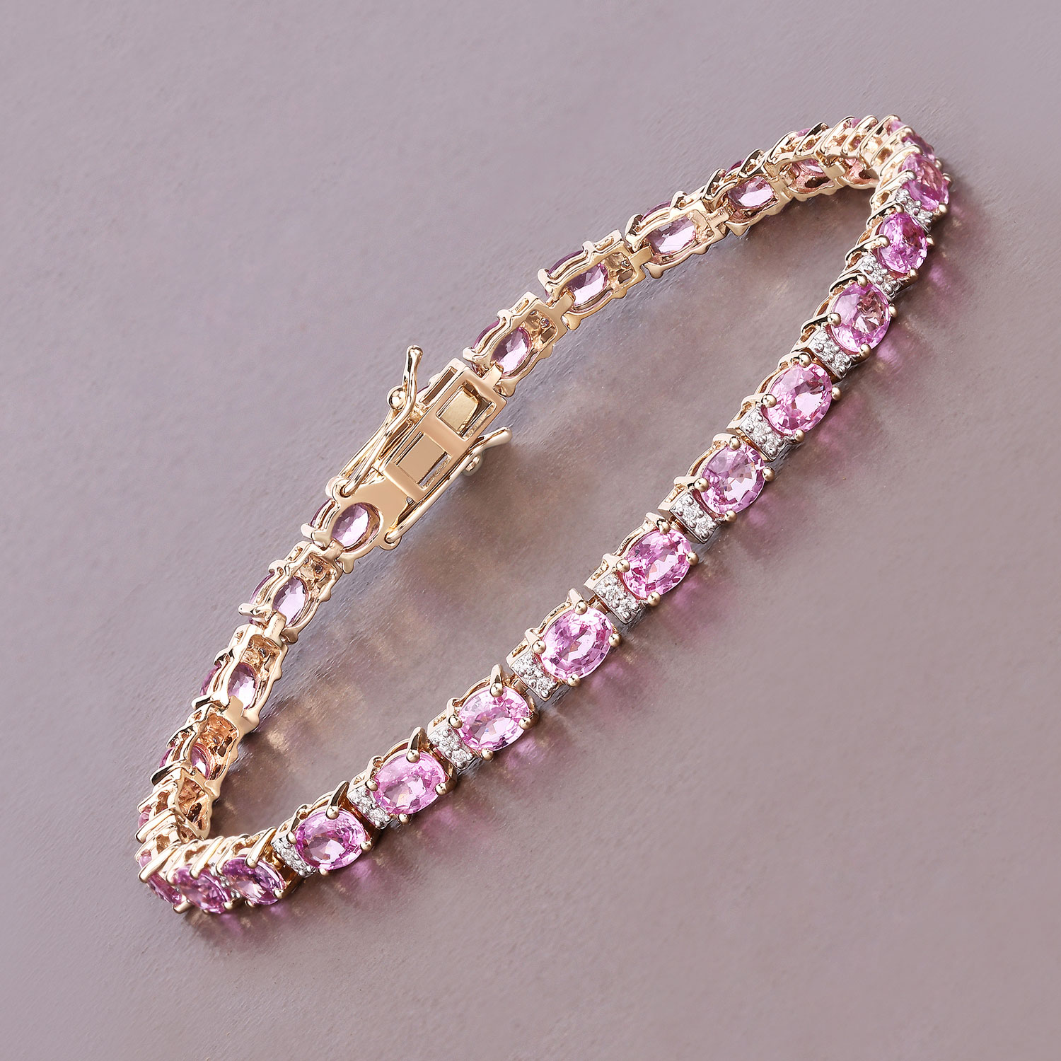 9.08 Carat Genuine Pink Sapphire and White Diamond 14K Yellow Gold Bracelet